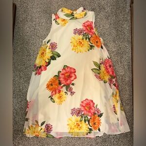 Floral Sleeveless Cowl Neck Dress with flyaway back and vibrant blooms